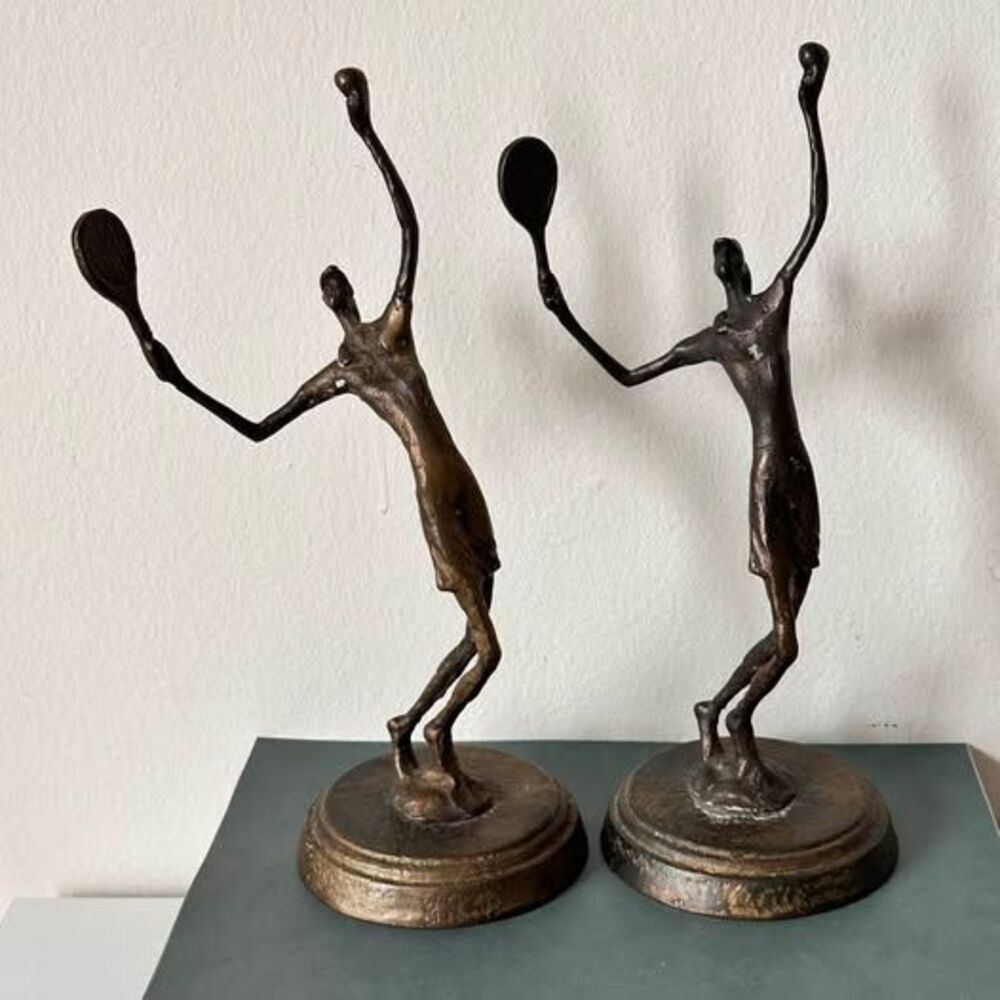 Pair of Mid-Century Modernist Bronze-Finish Tennis Player Sculptures, Female Duo